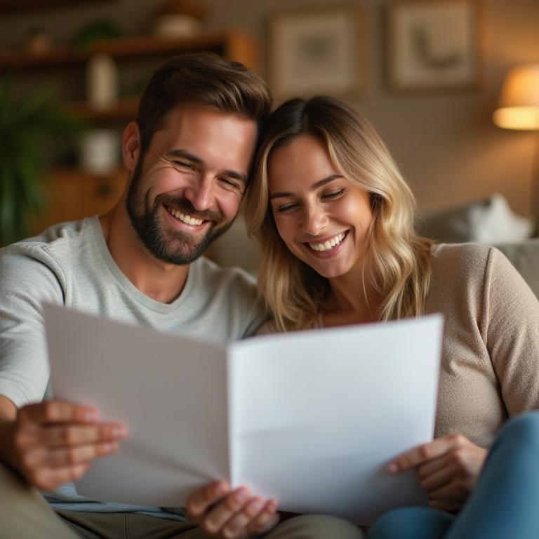 Smiling homeowners reviewing financing documents