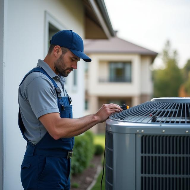 Technician installing new air conditioning condenser